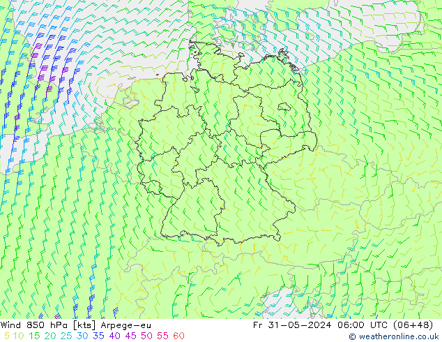 Wind 850 hPa Arpege-eu Fr 31.05.2024 06 UTC