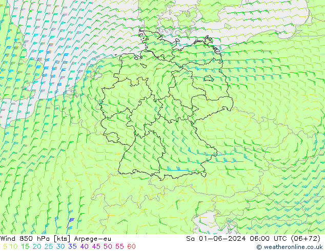 Vento 850 hPa Arpege-eu sab 01.06.2024 06 UTC