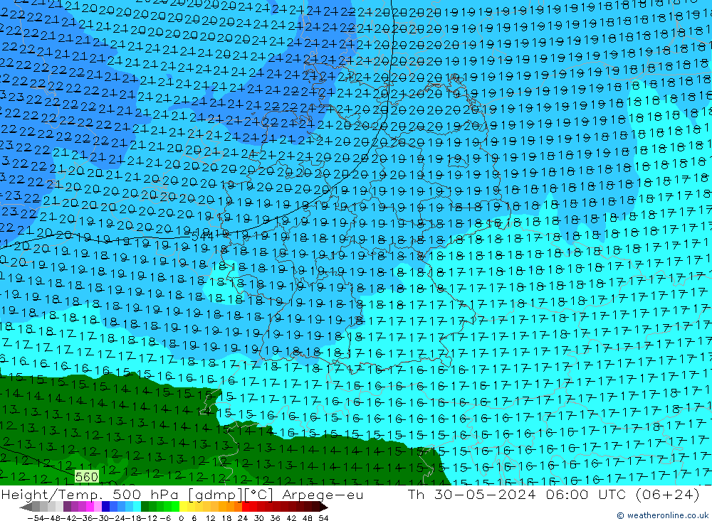 Height/Temp. 500 hPa Arpege-eu Th 30.05.2024 06 UTC