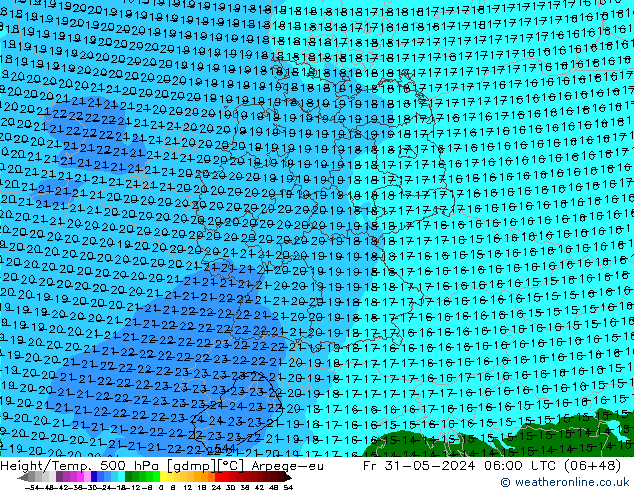 Height/Temp. 500 гПа Arpege-eu пт 31.05.2024 06 UTC