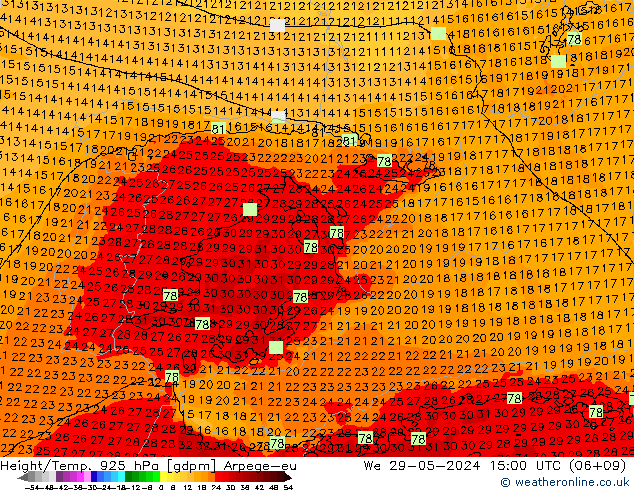 Geop./Temp. 925 hPa Arpege-eu mié 29.05.2024 15 UTC