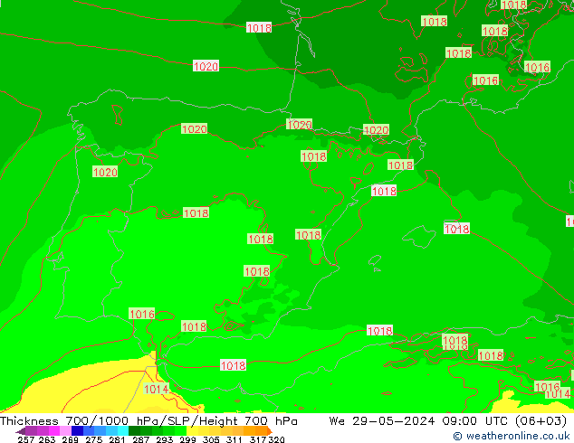 Thck 700-1000 hPa Arpege-eu We 29.05.2024 09 UTC