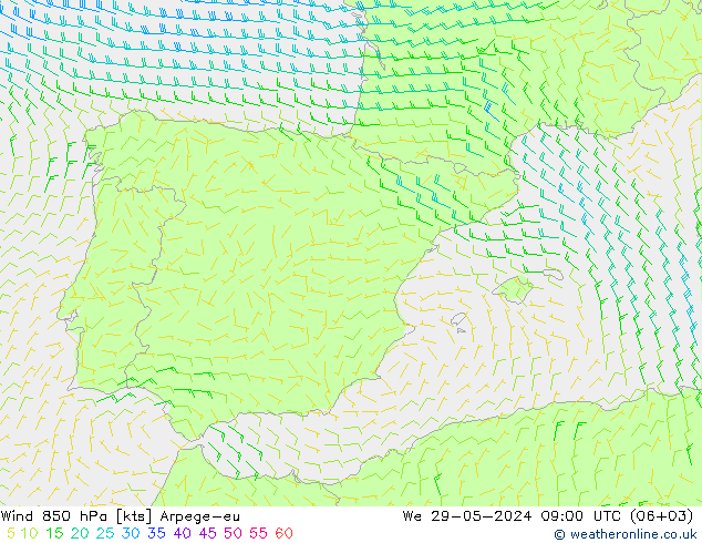 Wind 850 hPa Arpege-eu wo 29.05.2024 09 UTC