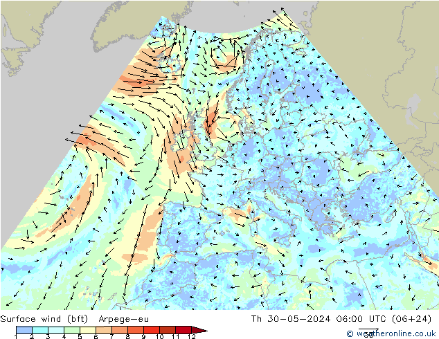 Surface wind (bft) Arpege-eu Th 30.05.2024 06 UTC