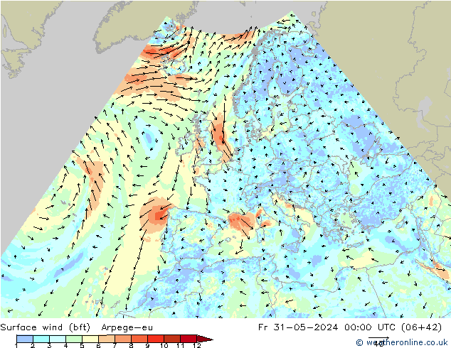 Wind 10 m (bft) Arpege-eu vr 31.05.2024 00 UTC