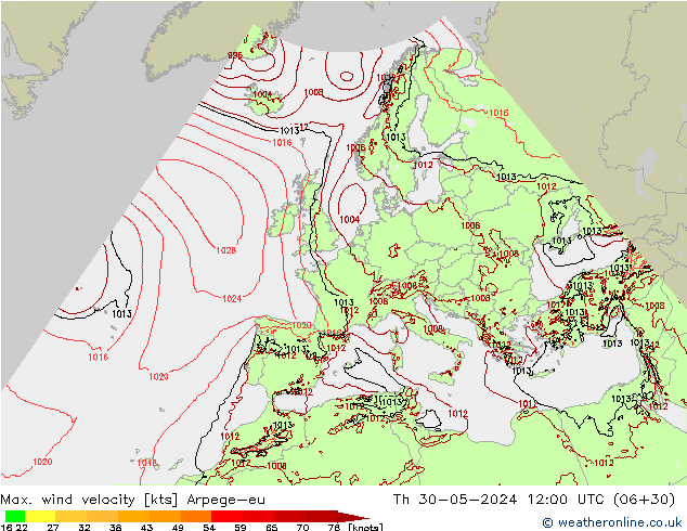 Max. wind velocity Arpege-eu Th 30.05.2024 12 UTC