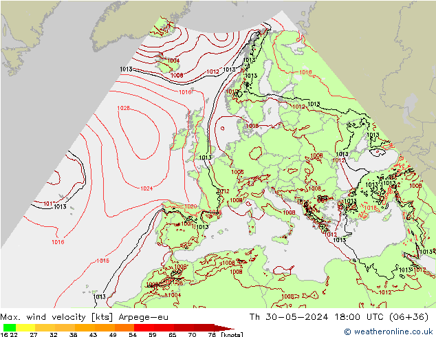 Max. wind velocity Arpege-eu Th 30.05.2024 18 UTC