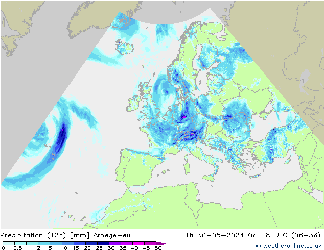 Precipitação (12h) Arpege-eu Qui 30.05.2024 18 UTC