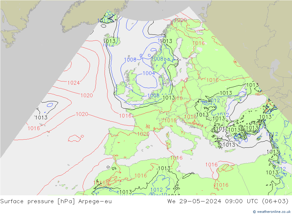 地面气压 Arpege-eu 星期三 29.05.2024 09 UTC