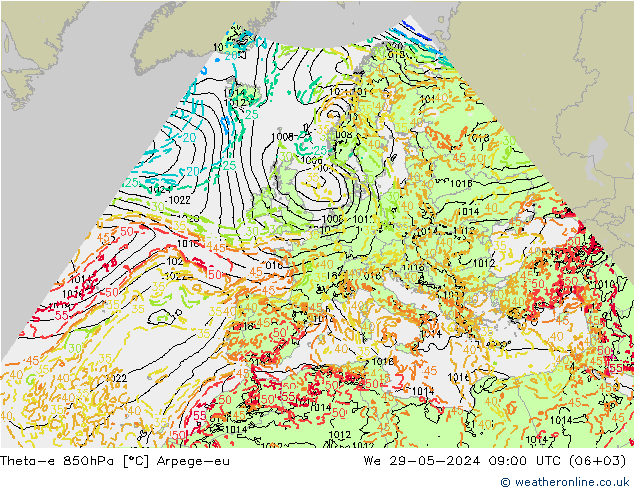 Theta-e 850hPa Arpege-eu mer 29.05.2024 09 UTC