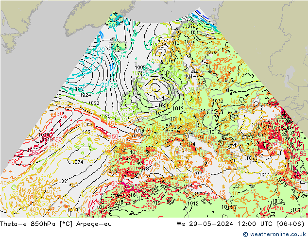 Theta-e 850hPa Arpege-eu mer 29.05.2024 12 UTC