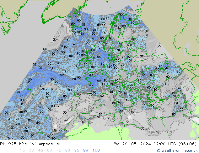 RH 925 hPa Arpege-eu We 29.05.2024 12 UTC