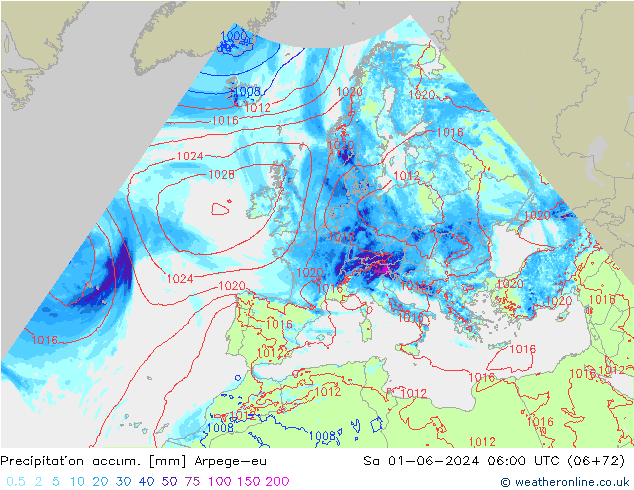 Totale neerslag Arpege-eu za 01.06.2024 06 UTC