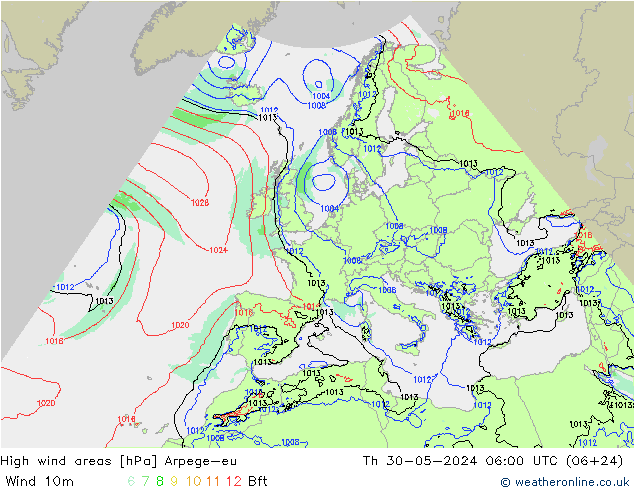 High wind areas Arpege-eu gio 30.05.2024 06 UTC