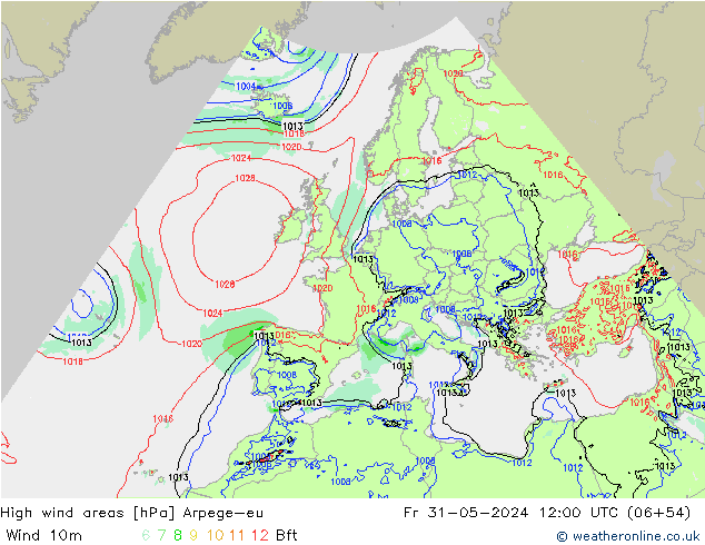 High wind areas Arpege-eu ven 31.05.2024 12 UTC