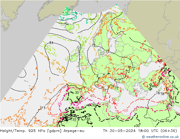 Geop./Temp. 925 hPa Arpege-eu jue 30.05.2024 18 UTC
