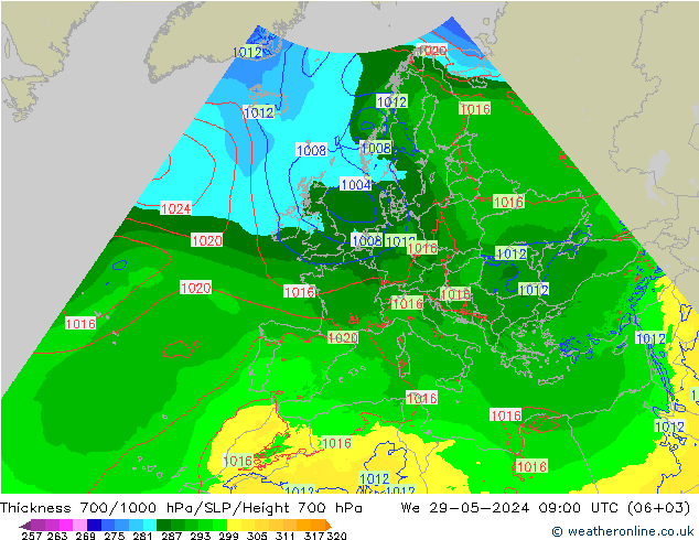 Schichtdicke 700-1000 hPa Arpege-eu Mi 29.05.2024 09 UTC