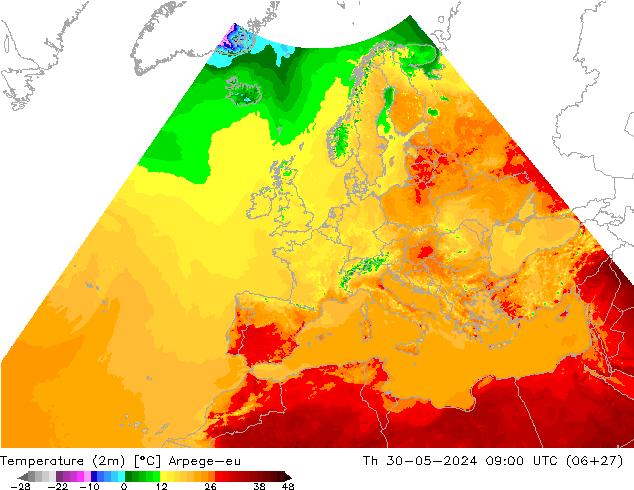 Temperature (2m) Arpege-eu Čt 30.05.2024 09 UTC