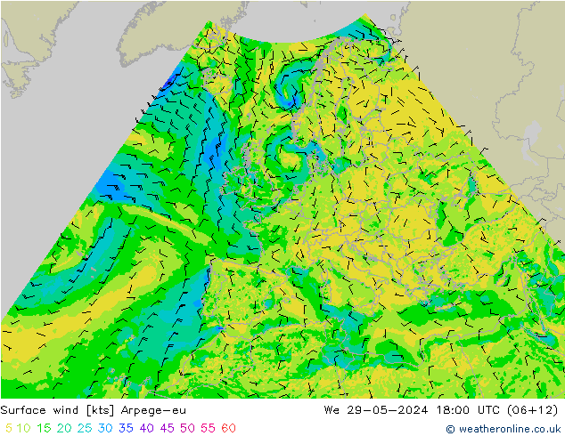 Vent 10 m Arpege-eu mer 29.05.2024 18 UTC