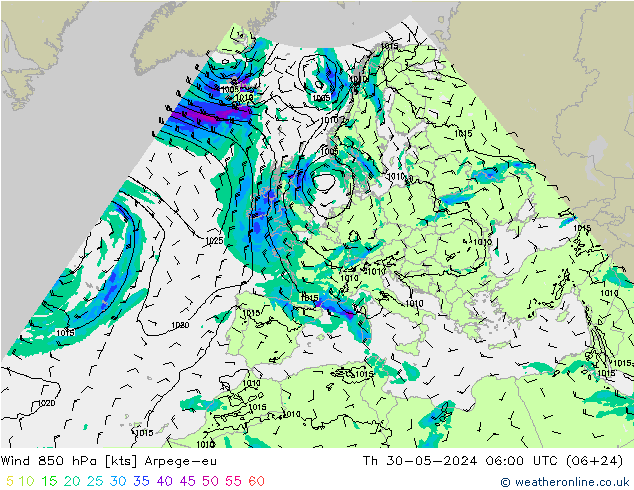 wiatr 850 hPa Arpege-eu czw. 30.05.2024 06 UTC