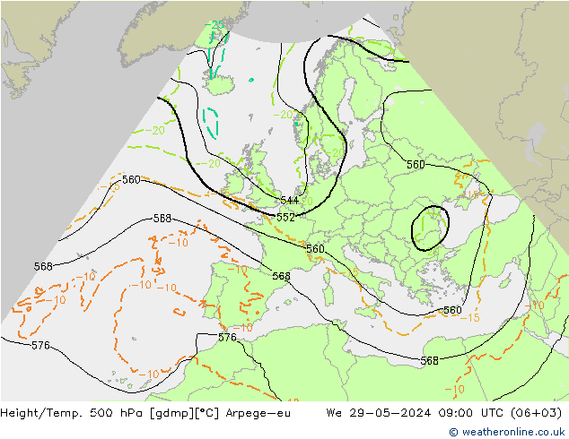 Height/Temp. 500 hPa Arpege-eu 星期三 29.05.2024 09 UTC