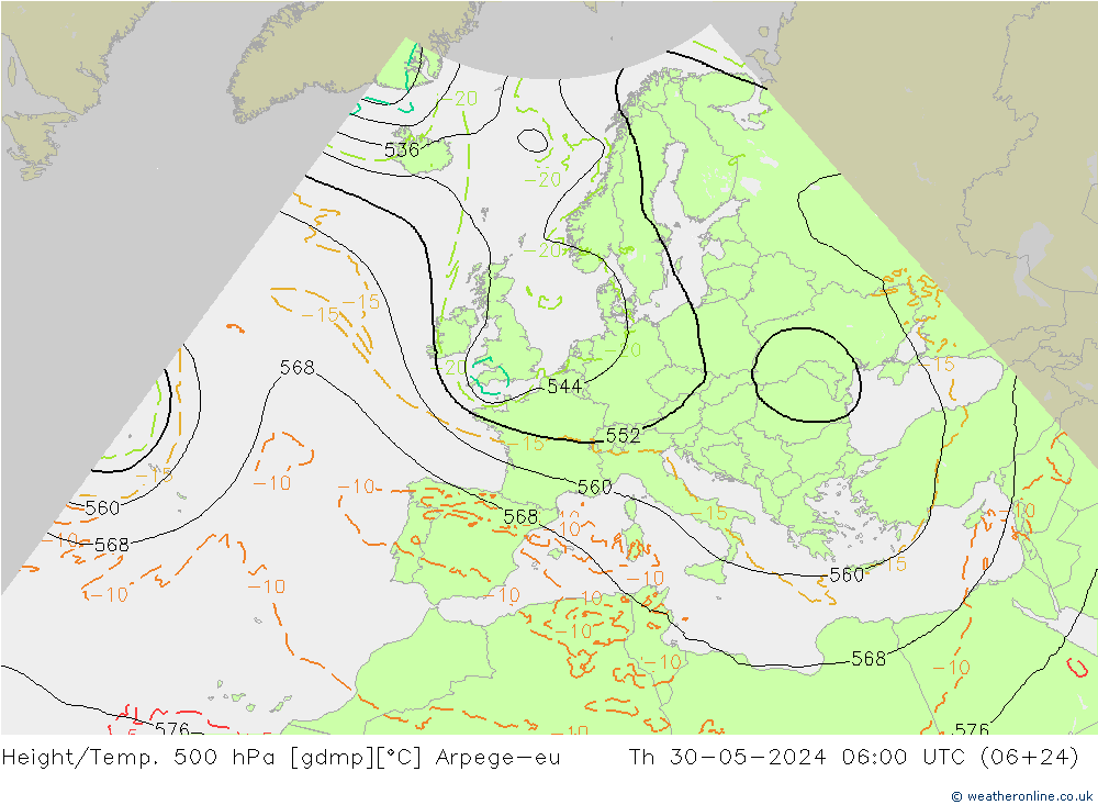 Hoogte/Temp. 500 hPa Arpege-eu do 30.05.2024 06 UTC