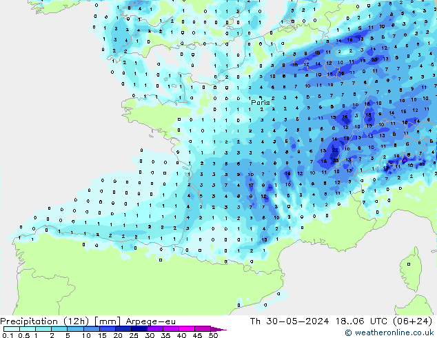 Precipitation (12h) Arpege-eu Čt 30.05.2024 06 UTC