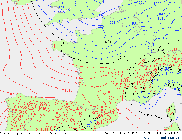 Pressione al suolo Arpege-eu mer 29.05.2024 18 UTC