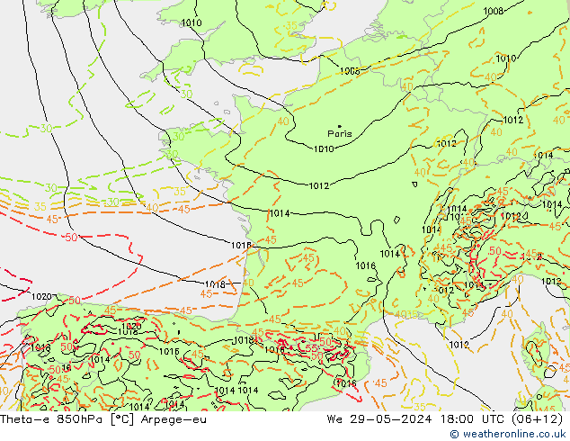 Theta-e 850hPa Arpege-eu Mi 29.05.2024 18 UTC