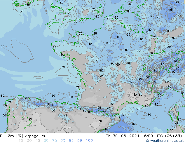 RH 2m Arpege-eu gio 30.05.2024 15 UTC