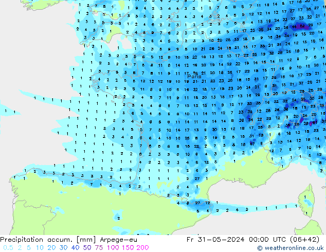 Precipitación acum. Arpege-eu vie 31.05.2024 00 UTC