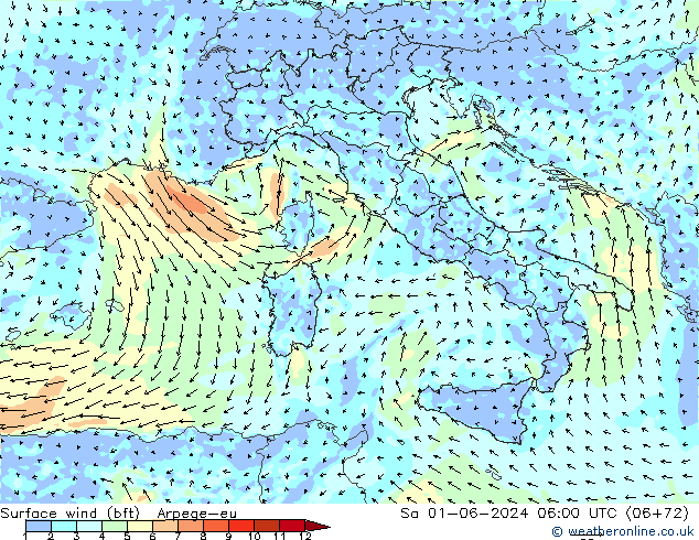 Surface wind (bft) Arpege-eu Sa 01.06.2024 06 UTC