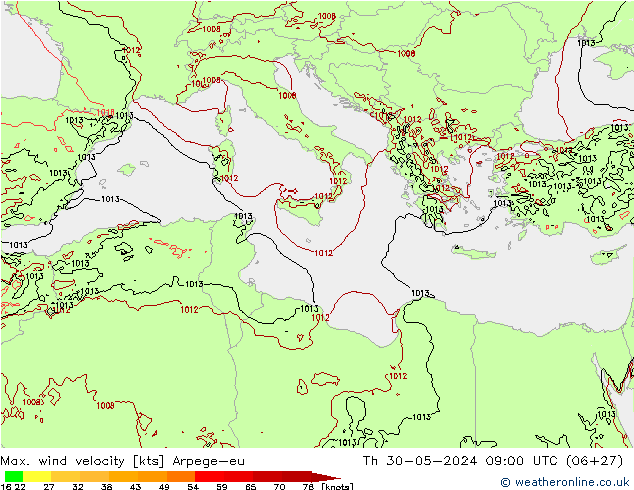 Max. wind velocity Arpege-eu Čt 30.05.2024 09 UTC