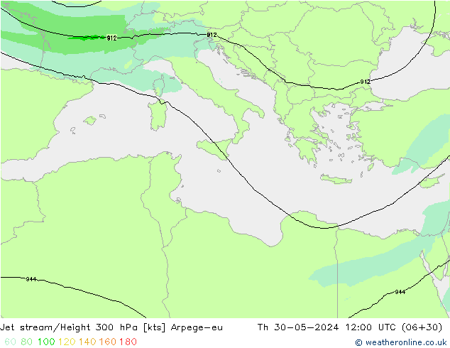 Jet stream/Height 300 hPa Arpege-eu Čt 30.05.2024 12 UTC