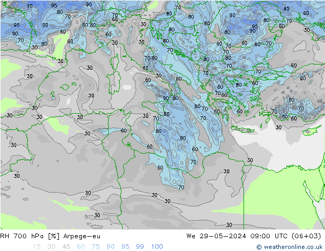 Humidité rel. 700 hPa Arpege-eu mer 29.05.2024 09 UTC