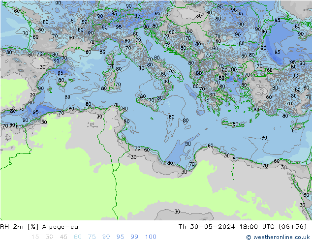 Humedad rel. 2m Arpege-eu jue 30.05.2024 18 UTC