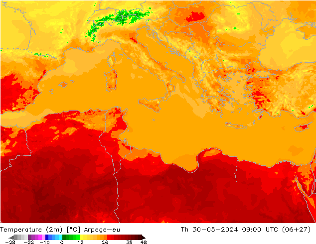 Temperatura (2m) Arpege-eu Qui 30.05.2024 09 UTC