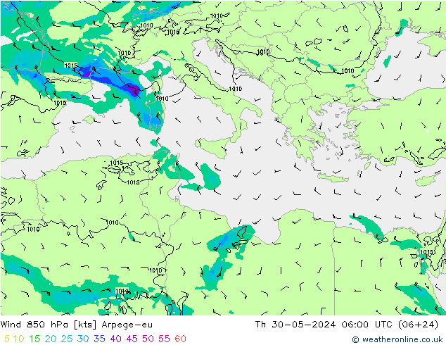 Rüzgar 850 hPa Arpege-eu Per 30.05.2024 06 UTC