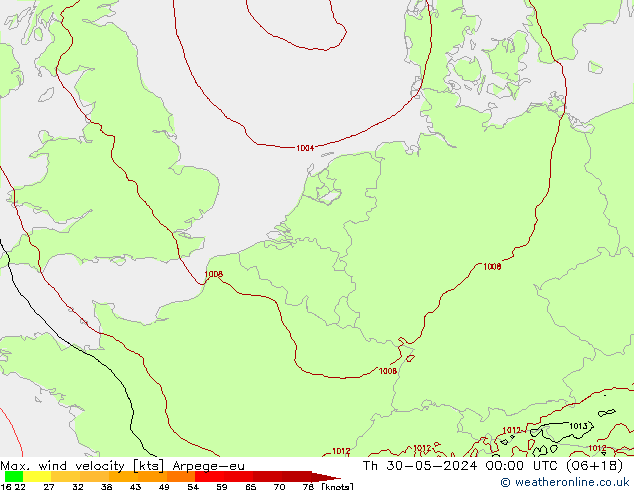 Max. wind velocity Arpege-eu Th 30.05.2024 00 UTC