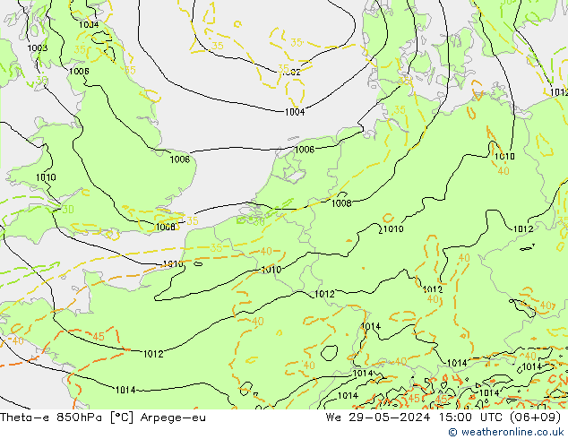 Theta-e 850hPa Arpege-eu Mi 29.05.2024 15 UTC