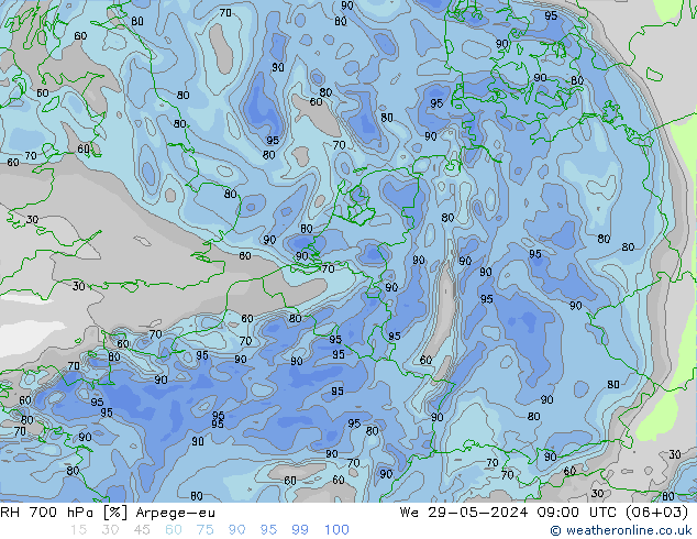 RH 700 hPa Arpege-eu We 29.05.2024 09 UTC