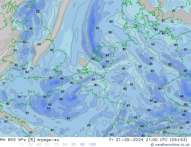 Humedad rel. 850hPa Arpege-eu vie 31.05.2024 21 UTC