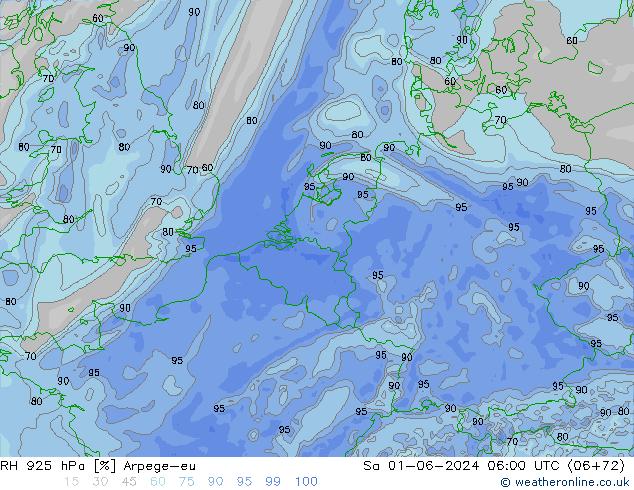 RH 925 hPa Arpege-eu Sa 01.06.2024 06 UTC