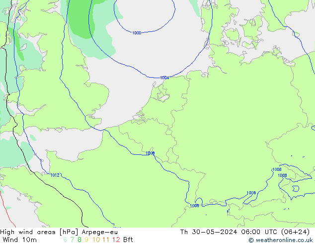 High wind areas Arpege-eu Th 30.05.2024 06 UTC