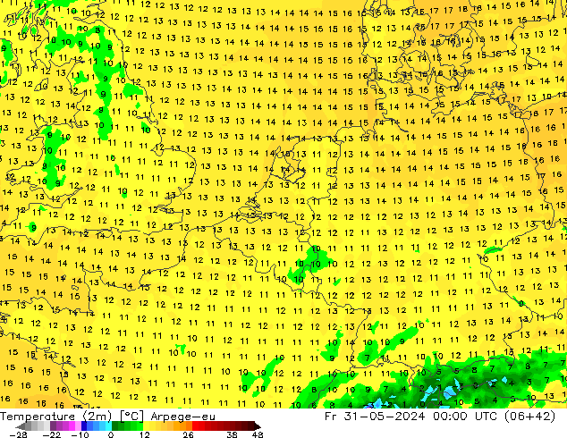 Temperatura (2m) Arpege-eu Sex 31.05.2024 00 UTC