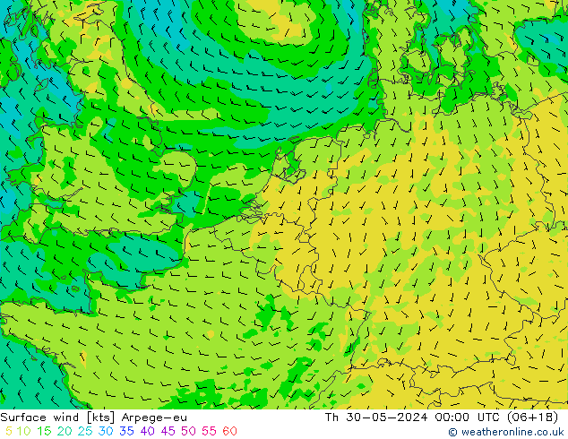 Surface wind Arpege-eu Čt 30.05.2024 00 UTC