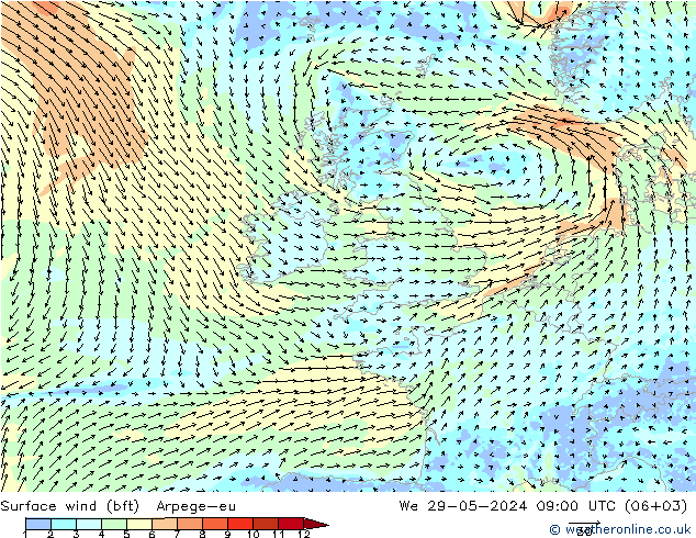 Vento 10 m (bft) Arpege-eu Qua 29.05.2024 09 UTC