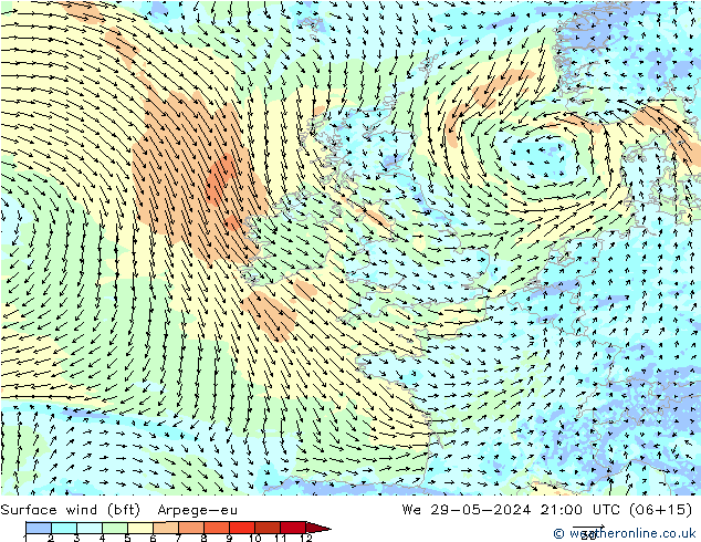 Surface wind (bft) Arpege-eu St 29.05.2024 21 UTC