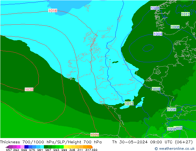 Thck 700-1000 hPa Arpege-eu Qui 30.05.2024 09 UTC