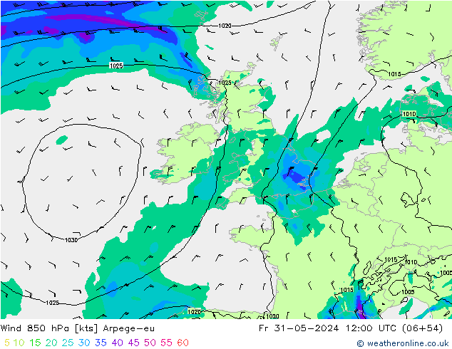 Wind 850 hPa Arpege-eu Fr 31.05.2024 12 UTC